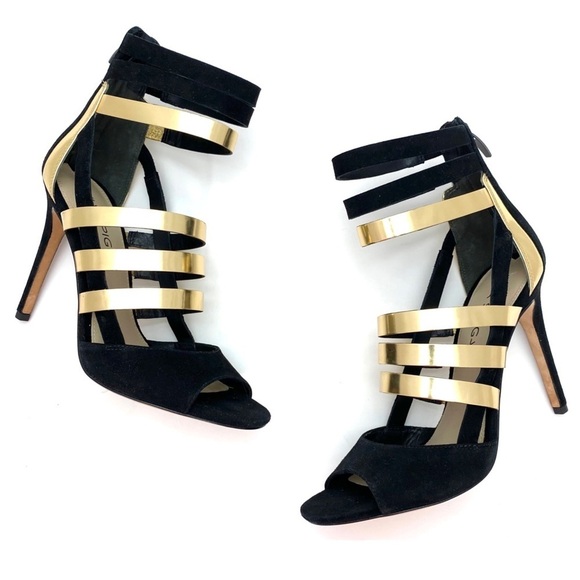 Via Spiga Suede Strap High Heel Sandal in Gold & Black - Picture 11 of 11